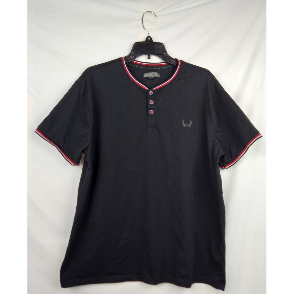 Nick Danger Mens XL Black Henley Short Sleeve Tipped Collar Wing Logo Shirt